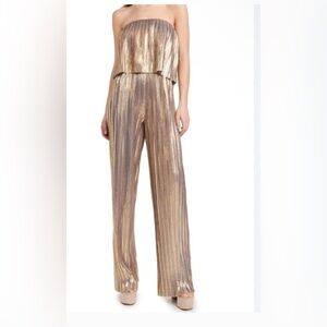 Amanda Uprichard Collina Metallic Pleated Wide-Leg Jumpsuit in Gold